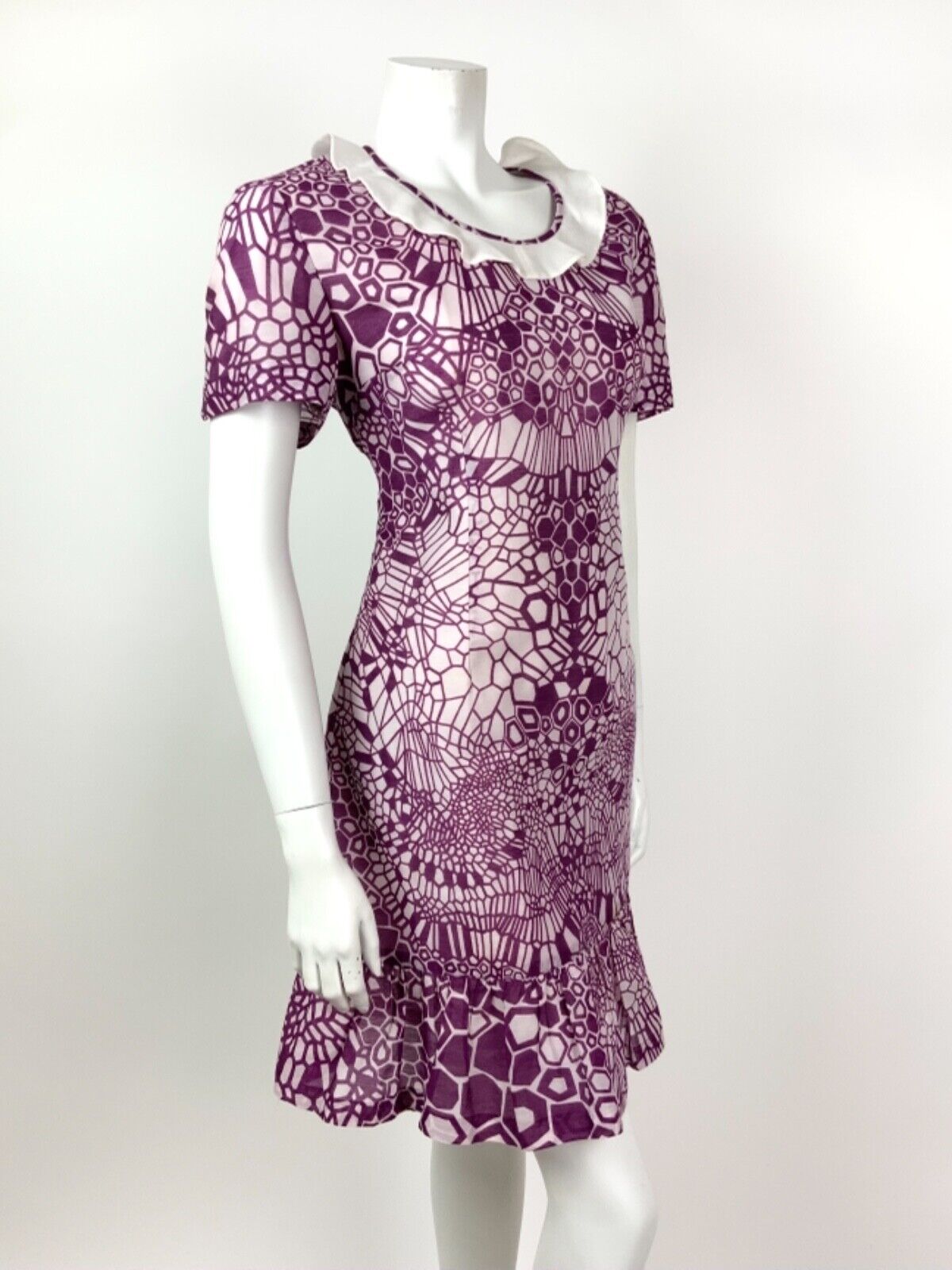 VINTAGE 60s 70s PURPLE WHITE RUFFLED GEOMETRIC PSYCHEDELIC DRESS 10