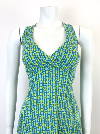 VINTAGE 60s 70s BLUE LIME GREEN OP-ART GEOMETRIC PSYCHEDELIC HALTER DRESS 10 12