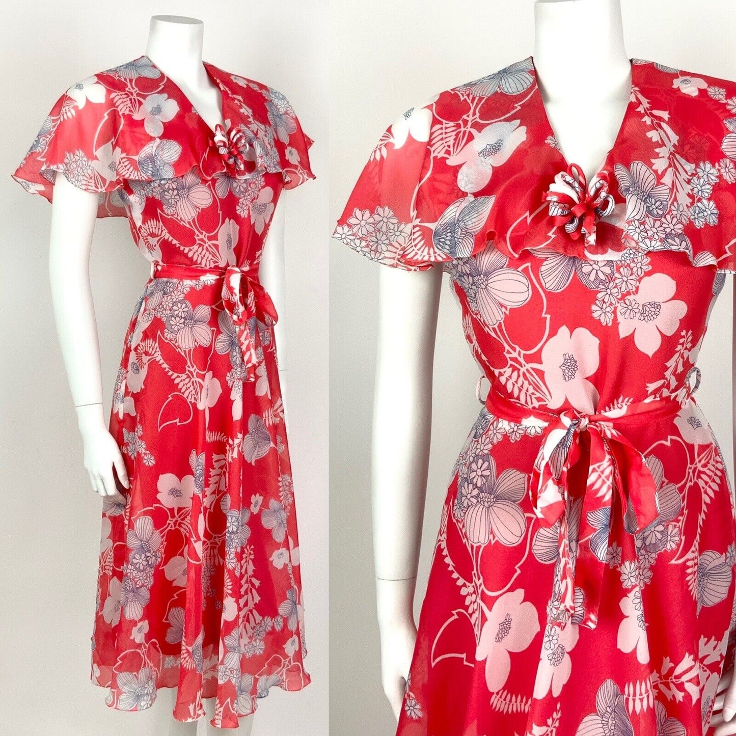 VINTAGE 60s 70s RED WHITE BLUE FLORAL CAPE SLEEVE SHEER SUMMER DRESS 8 10