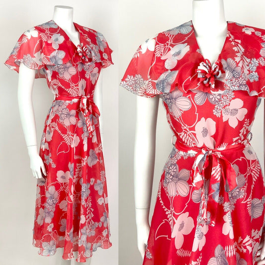 VINTAGE 60s 70s RED WHITE BLUE FLORAL CAPE SLEEVE SHEER SUMMER DRESS 8 10