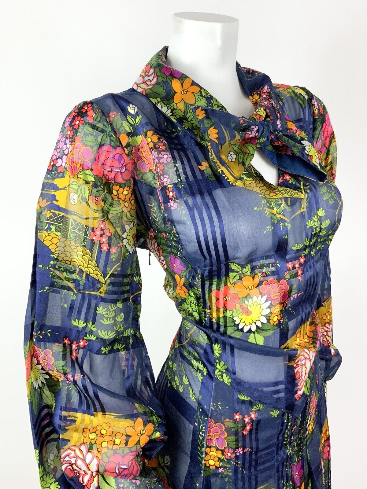 VTG 60s 70s BLUE PINK YELLOW GREEN FLORAL PLAID PUSSYBOW SHEER SHIRT DRESS 14 16