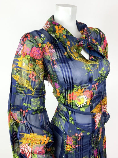 VTG 60s 70s BLUE PINK YELLOW GREEN FLORAL PLAID PUSSYBOW SHEER SHIRT DRESS 14 16