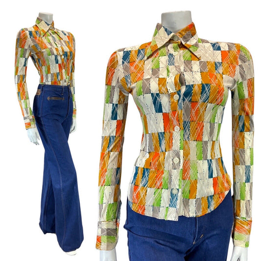 VINTAGE 60s 70s WHITE GREEN ORANGE GEOMETRIC CHECKED MOD DAGGER SHIRT 6 8