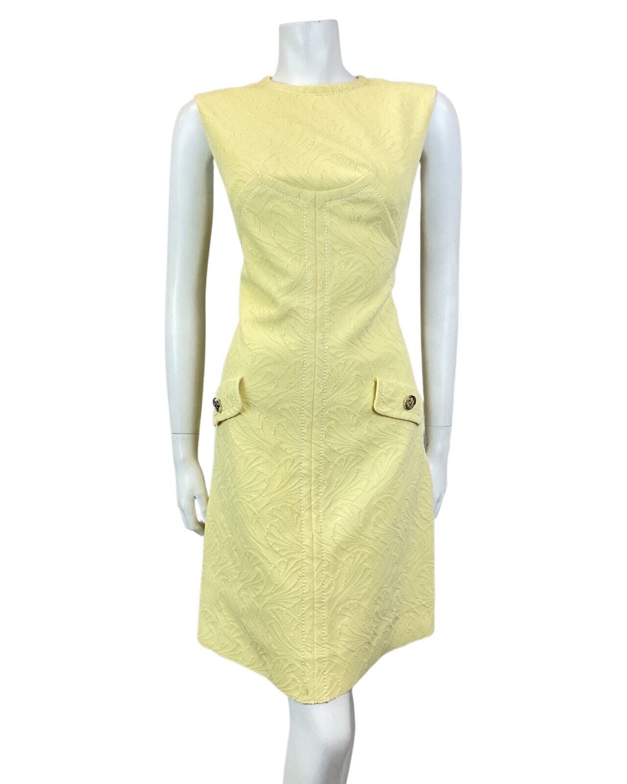 VINTAGE 60s 70s PALE YELLOW LEAFY SLEEVELESS MOD SCOOTER SHIFT DRESS 12 14