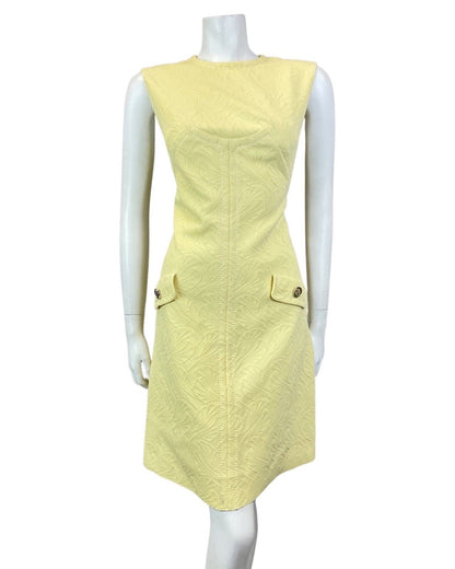 VINTAGE 60s 70s PALE YELLOW LEAFY SLEEVELESS MOD SCOOTER SHIFT DRESS 12 14