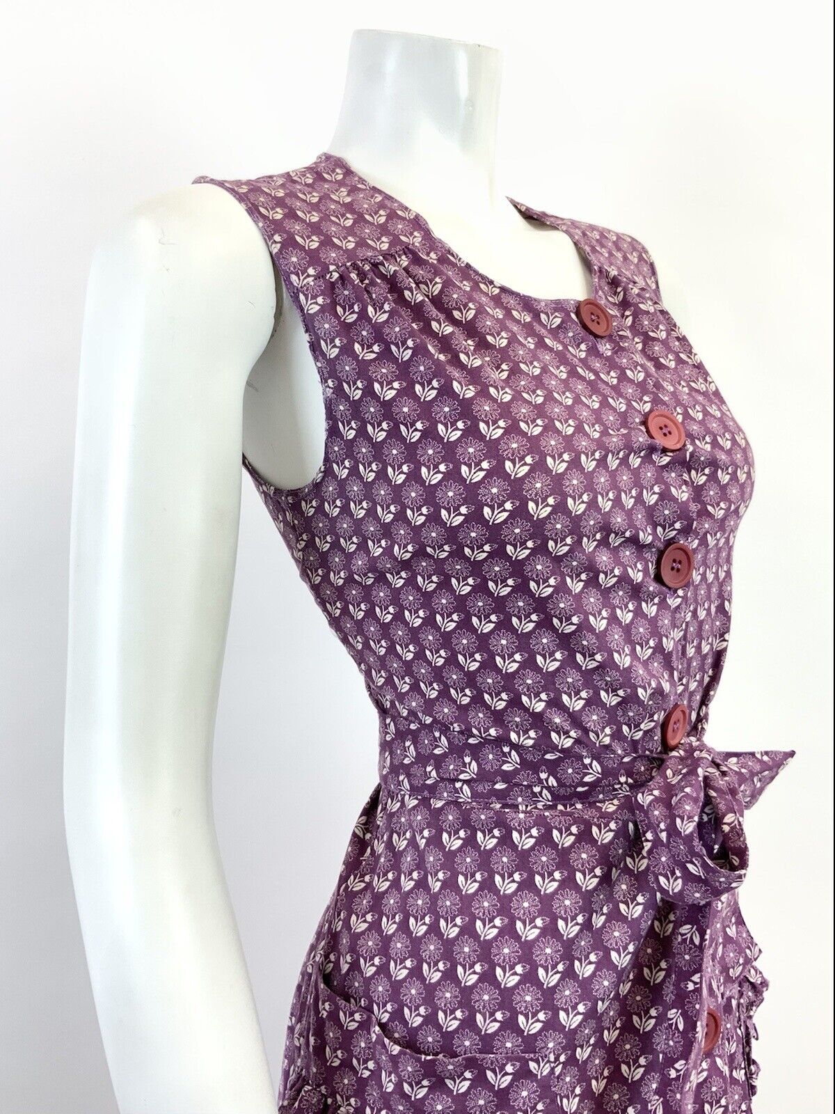 VINTAGE 60s 70s PLUM PURPLE WHITE FLORAL BOHO PRAIRIE SLEEVELESS DRESS 8 10