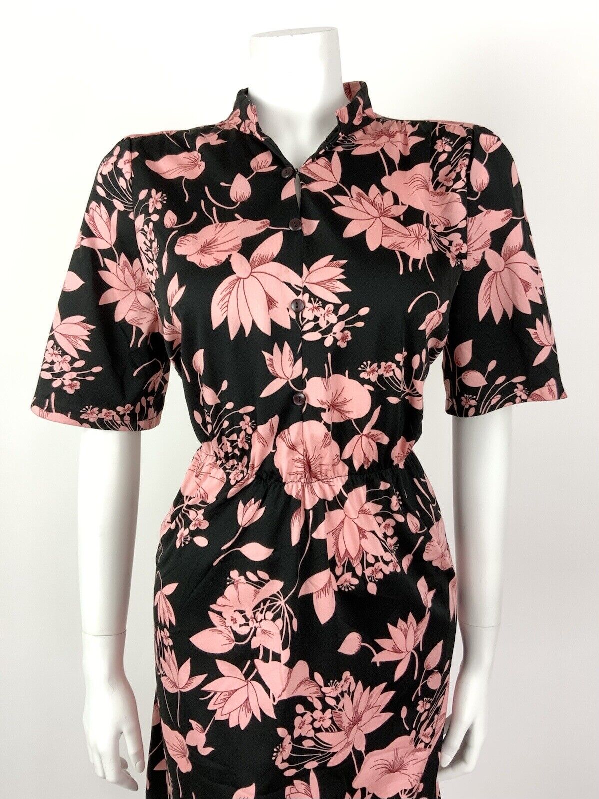 VTG 60s 70s BLACK BABY PINK RED FLORAL MANDARIN COLLAR BLOUSON SHIRT DRESS 12 14
