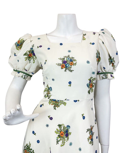 VINTAGE 60s 70s CREAM BLUE GREEN FLORAL BOUQUET PUFF SLEEVE BOHO MAXI DRESS 8 10