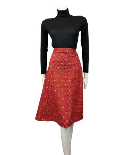 VINTAGE 60s 70s RED WHITE YELLOW POLKA-DOT DAISY FLOWER MIDI A-LINE SKIRT 8 10