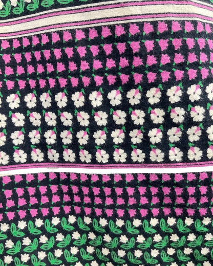 VINTAGE 60s 70s BLACK GREEN PURPLE DAISY FLORAL BELL SLEEVE MOD DRESS 10