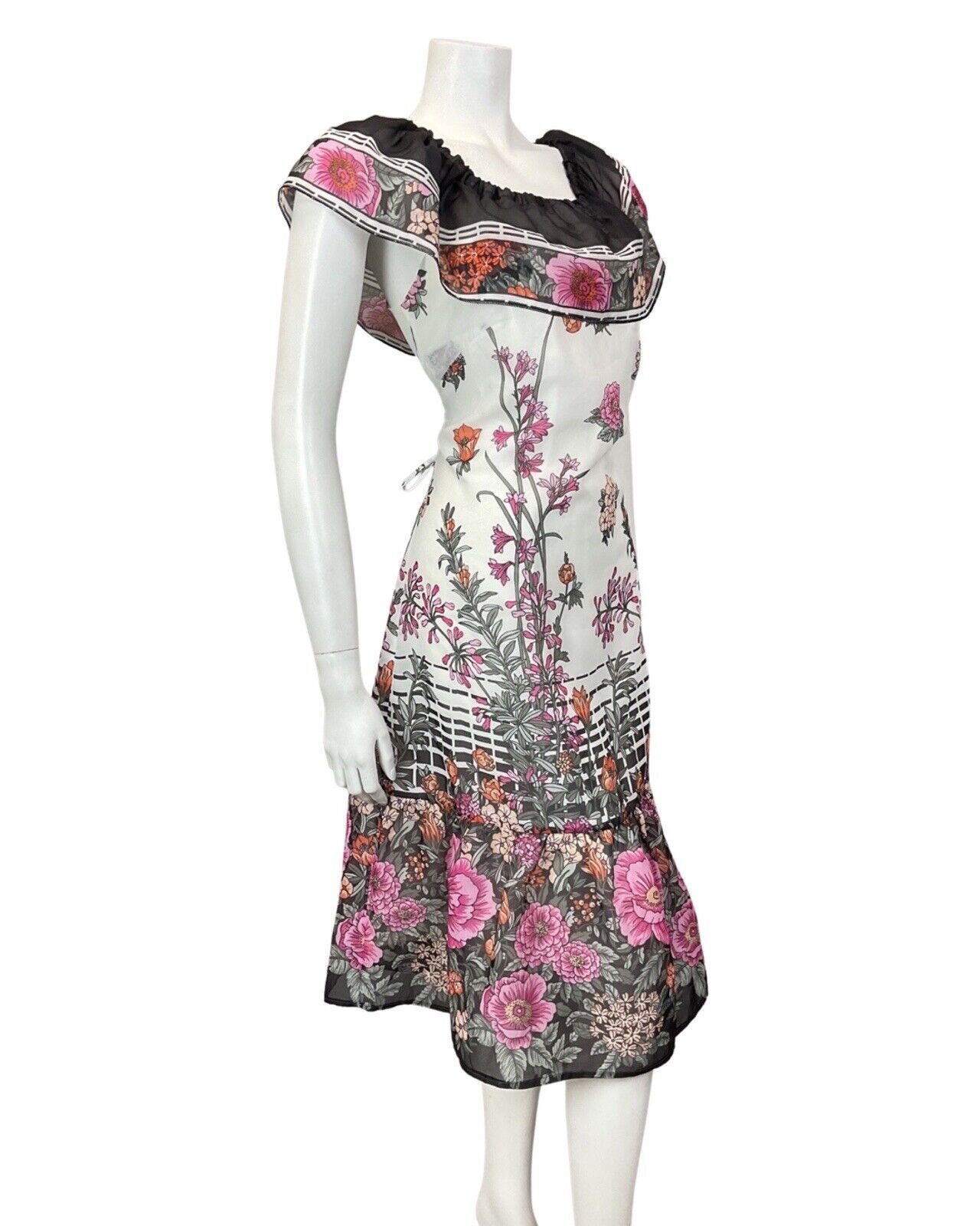 VINTAGE 60s 70s WHITE BLACK PINK FLORAL GARDEN RUFFLED SUMMER DRESS 10 12