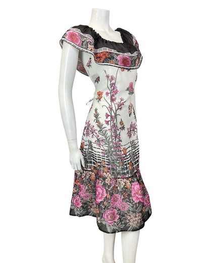 VINTAGE 60s 70s WHITE BLACK PINK FLORAL GARDEN RUFFLED SUMMER DRESS 10 12
