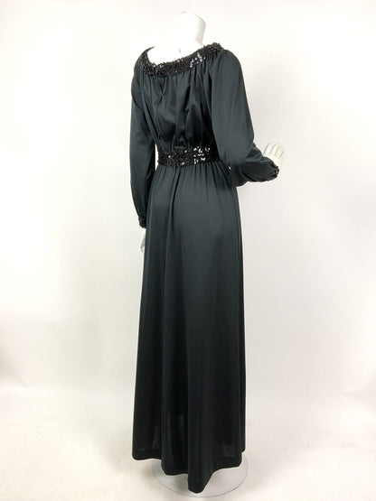 VINTAGE 60s 70s BLACK SEQUINNED RUCHED DISCO GLAM MAXI DRESS 8 10 12