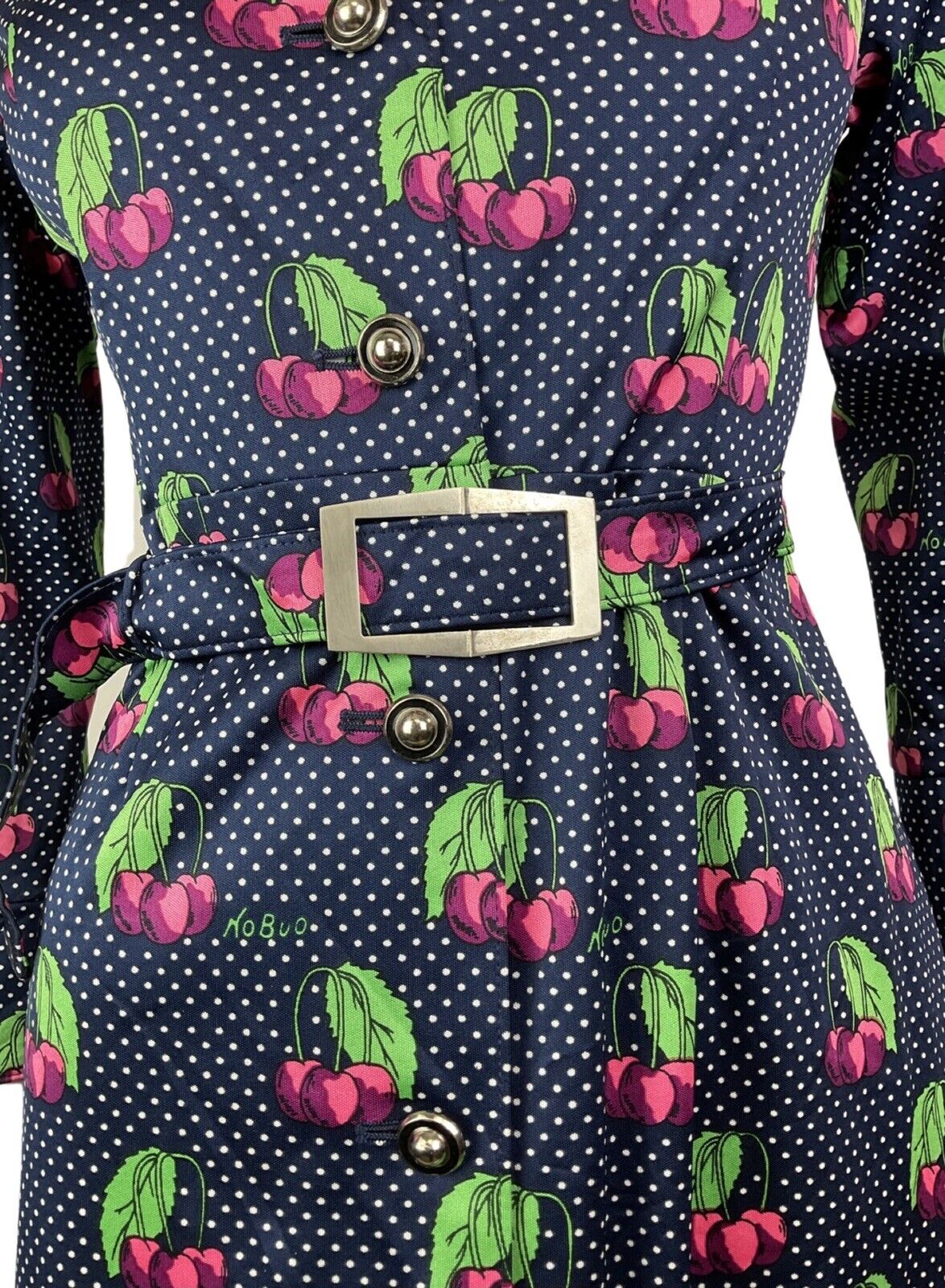 VINTAGE 70s STYLE 90s BLUE WHITE PINK POLKA-DOT CHERRY DAGGER SHIRT DRESS 8 10