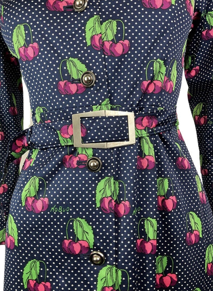 VINTAGE 70s STYLE 90s BLUE WHITE PINK POLKA-DOT CHERRY DAGGER SHIRT DRESS 8 10