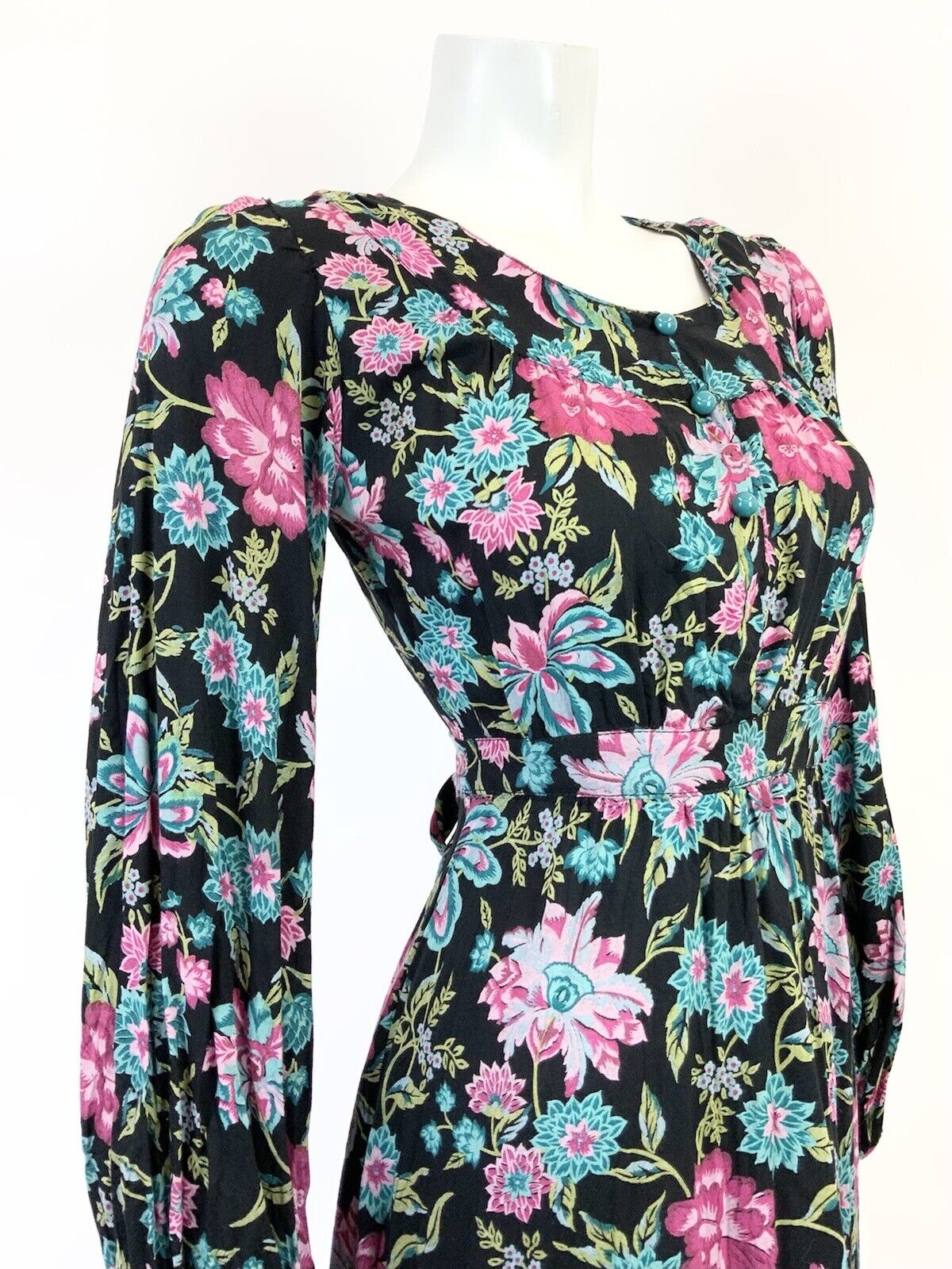 VINTAEG 60s 70s BLACK PINK BLUE GREEN FLORAL BOHO FOLK PUFF SLEEVE DRESS 8