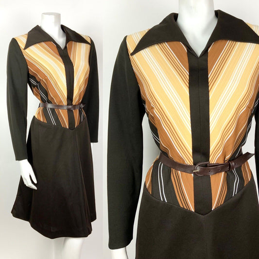 VTG 60s 70s MOD BROWN CREAM WHITE STRIPED WING COLLAR BELTED DRESS 14 16