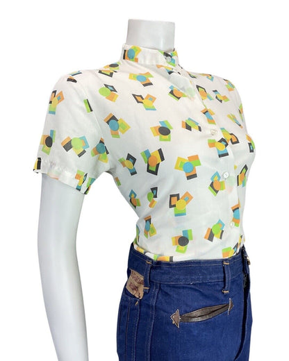 VINTAGE 60s 70s WHITE ORANGE BLUE GEOMETRIC MOD SHORT SLEEVE BLOUSE 12