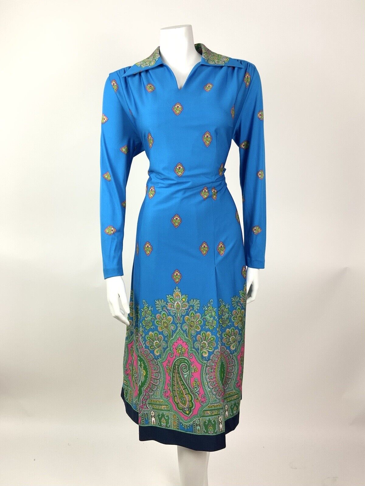 VTG 60s 70s BLUE PINK GREEN FLORAL PAISLEY INDIAN ETHNIC DAGGER COLLAR DRESS 16