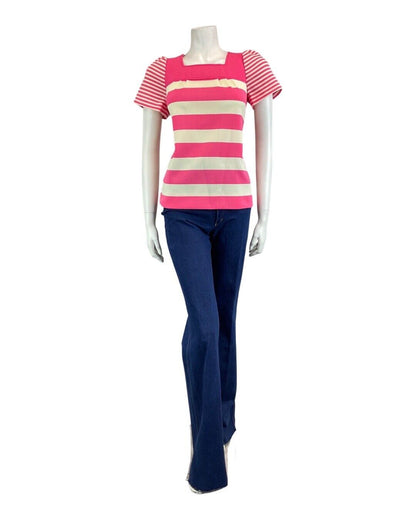 VINTAGE 60s 70s PINK CREAM STRIPED MOD PEGGY LANE SHORT SLEEVE BLOUSE TOP 8