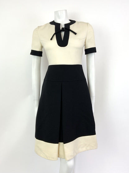 VINTAGE 60s LOUIS FERAUD CREAM BLACK BOW MOD WOOL SHORT DRESS 8 10