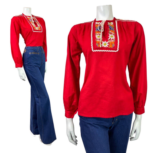 VINTAGE 60s 70s RED WHITE BLUE FLORAL EMBROIDERED RIC-RAC BOHO BLOUSE 12