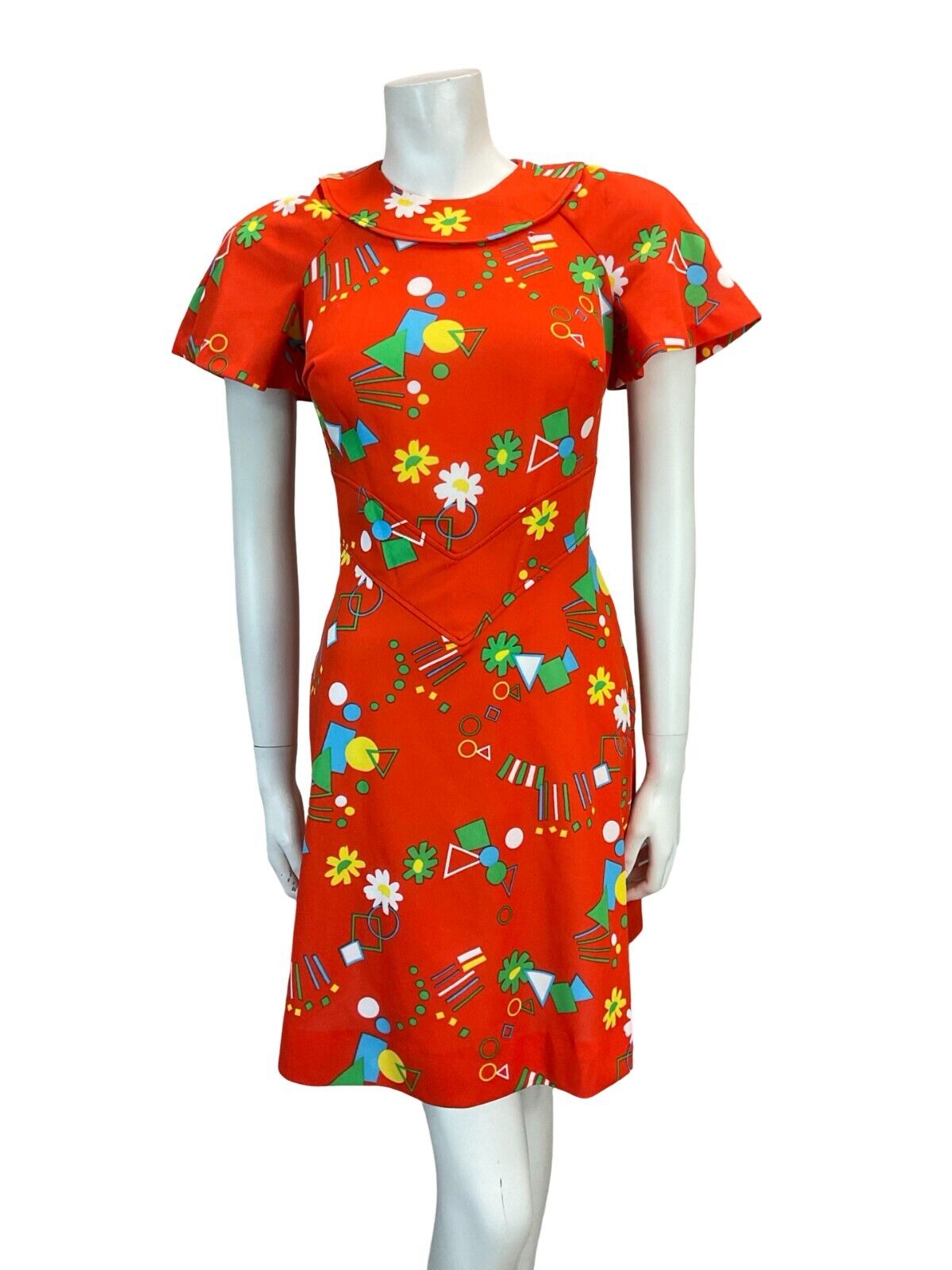 VTG 70S GEOMETRIC FLORAL DAISY MINI DRESS RED GREEN BLUE YELLOW 6 8