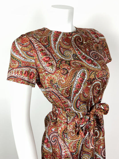 VINTAGE 60s 70s RED GREEN BLACK PEACH FLORAL PSYCHEDELIC PAISLEY BELTED DRESS 10