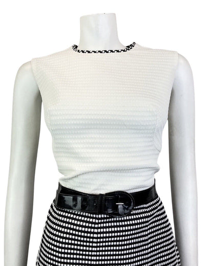 VINTAGE 60s 70s WHITE BLACK CHECKERBOARD BELTED MOD SLEEVELESS DRESS 12