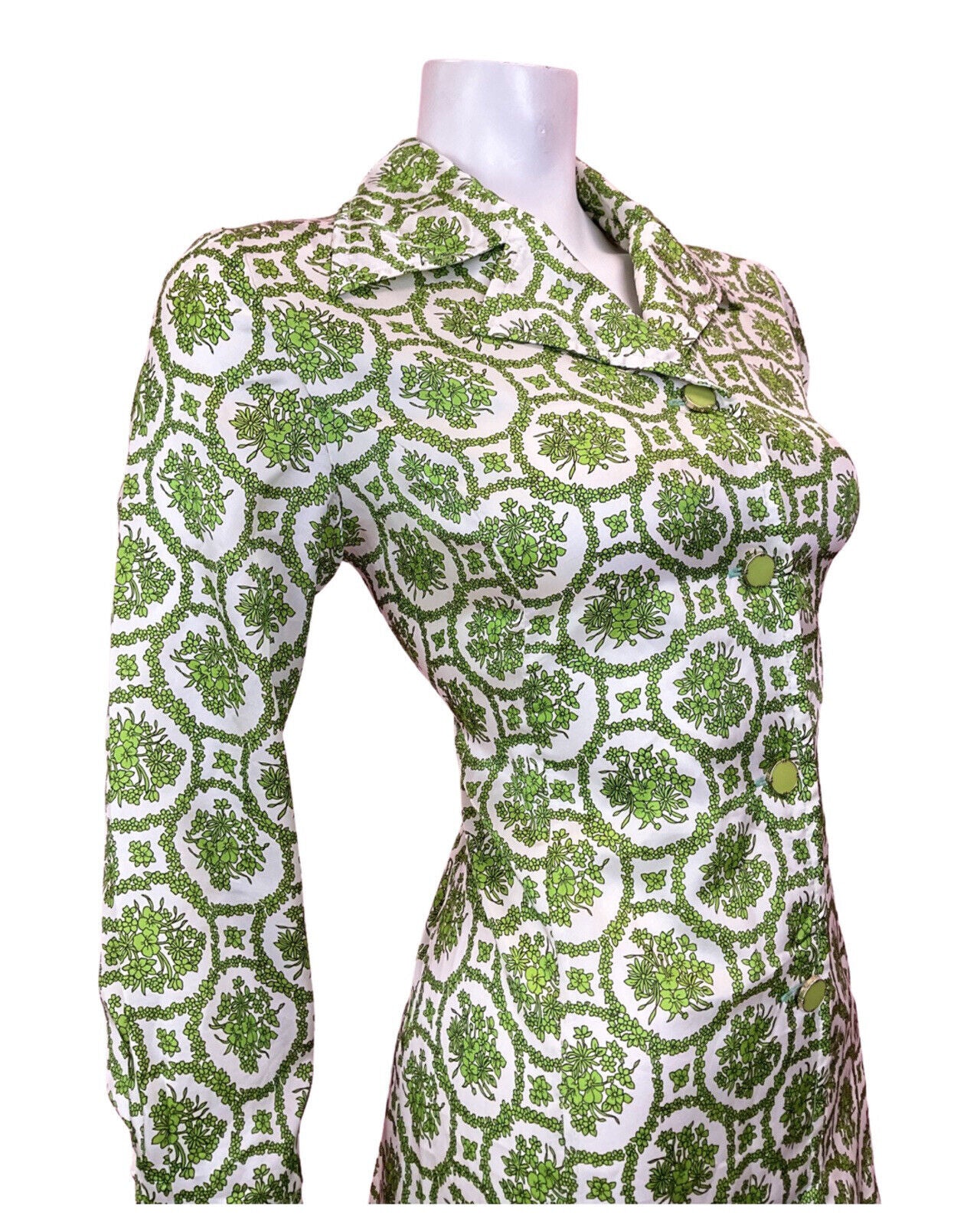 VINTAGE 60s 70s WHITE GREEN FLORAL DAISY CHAIN MOD DAGGER SHIRT DRESS 10 12