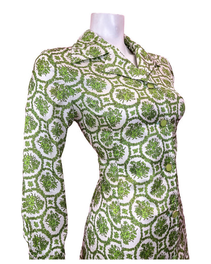 VINTAGE 60s 70s WHITE GREEN FLORAL DAISY CHAIN MOD DAGGER SHIRT DRESS 10 12