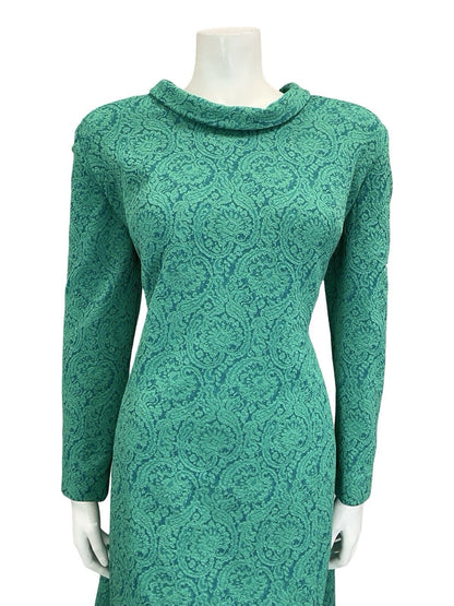 VTG 60S TEAL BLUE GREEN SPARKLY PAISLEY ROUNDED COLLAR PARTY MIDI DRESS 16