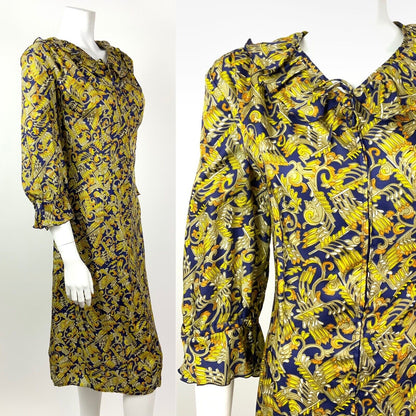VINTAGE 60s 70s BLUE BEIGE YELLOW ORANGE SWIRL PSYCHEDELIC RUFFLE DRESS 16