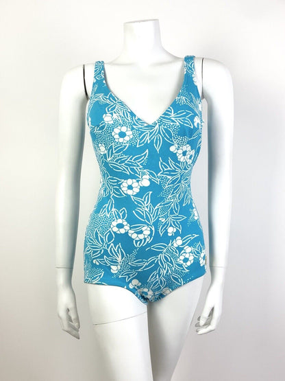 VTG 60s 70s BLUE WHITE FLORAL LEAFY MOD LOW-RISE SWIM BODY SUIT 9 10