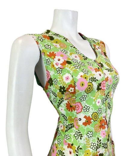 VINTAGE 60s 70s GREEN PINK WHITE FLORAL PSYCHEDELIC ZIP-UP MOD DRESS 12