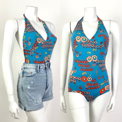 VTG 60s 70s BLUE ORANGE FLORAL DAISY MOD PSYCHEDELIC BATHING SWIM SUIT 8 10