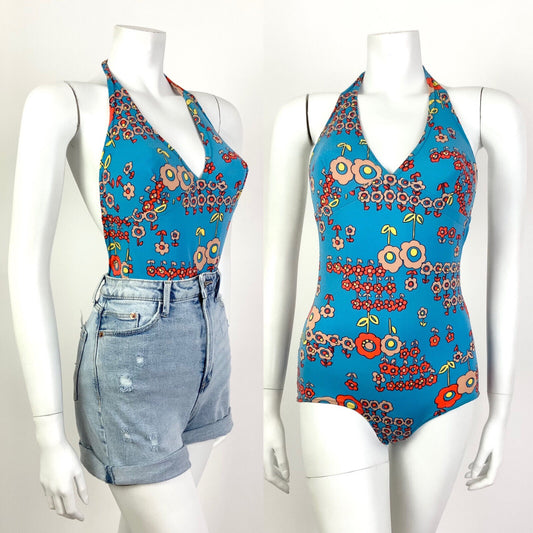VTG 60s 70s BLUE ORANGE FLORAL DAISY MOD PSYCHEDELIC BATHING SWIM SUIT 8 10