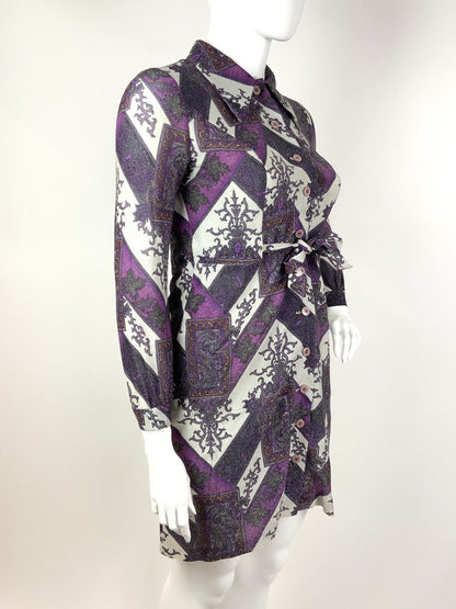 VTG 60s 70s PURPLE WHITE SILVER ZIG-ZAG FLORAL DAGGER COLLAR LUREX DRESS 14 16