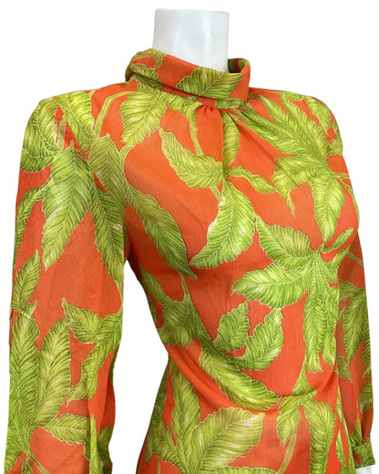 VINTAGE 60s 70s ORANGE GREEN PALM LEAF SHEER TURTLENECK MOD SHIFT DRESS 8 10