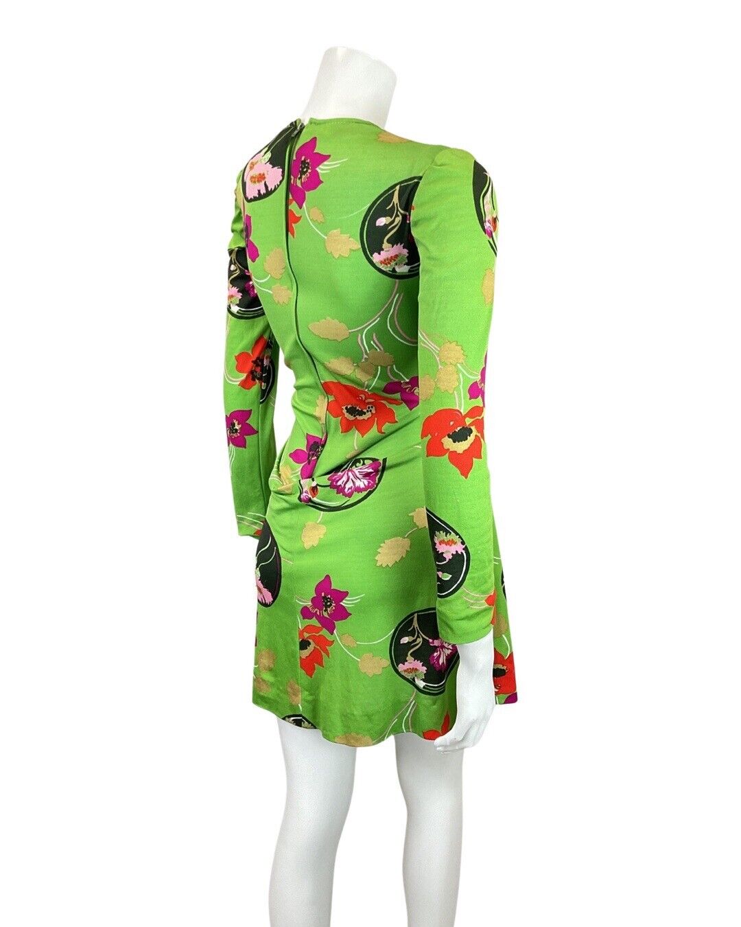 VINTAGE 60s 70s GREEN RED BLACK FLORAL BUTTON-UP SKATER SWING DRESS 8 10