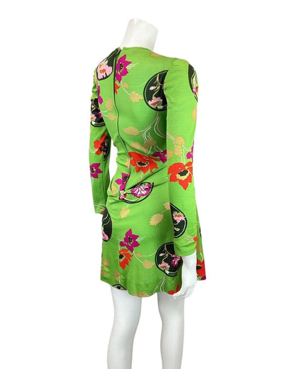 VINTAGE 60s 70s GREEN RED BLACK FLORAL BUTTON-UP SKATER SWING DRESS 8 10