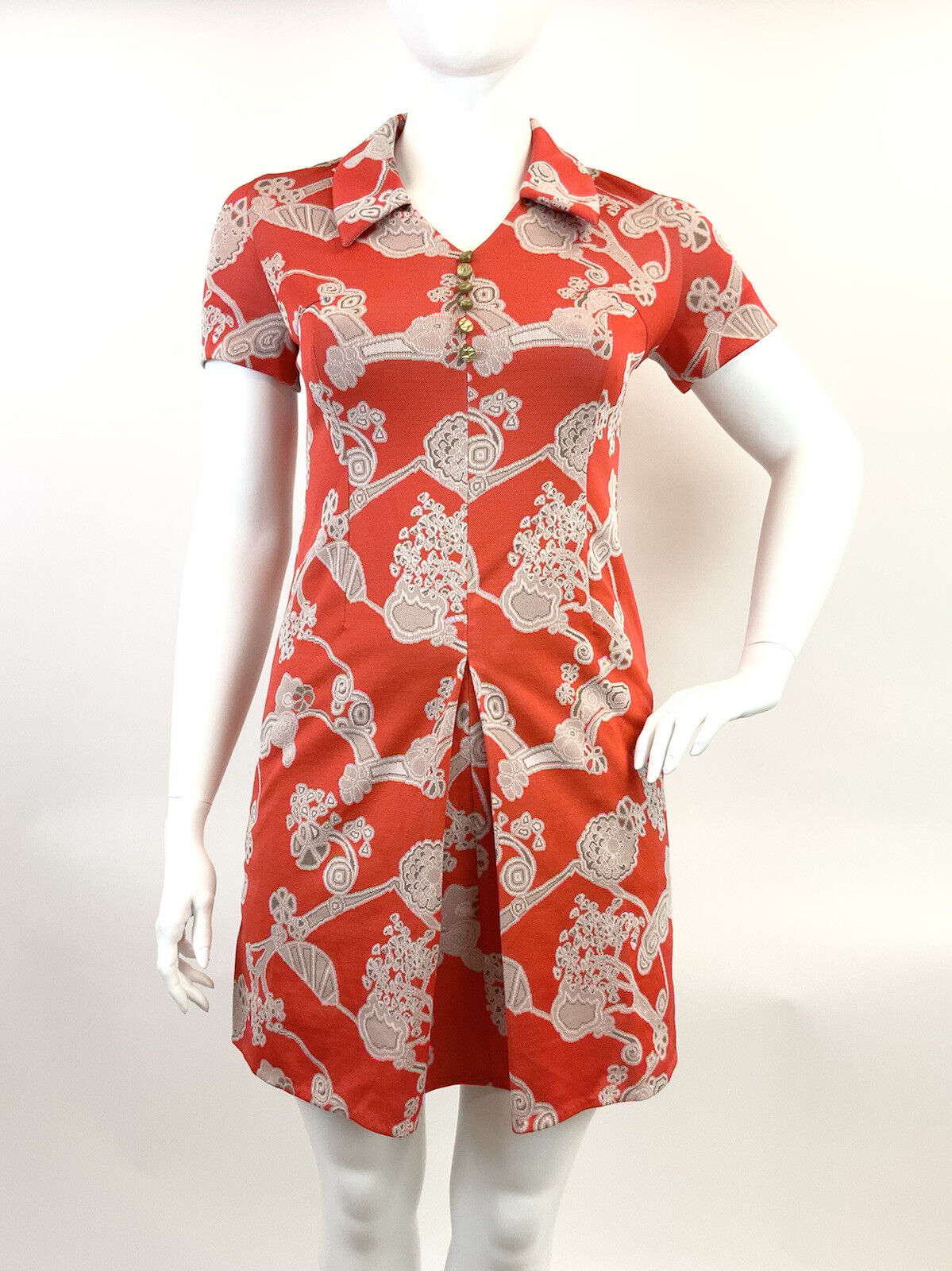 VINTAGE 60s 70s RED CREAM BROWN FLORAL ABSTRACT DAGGER COLLAR SHIRT DRESS 16