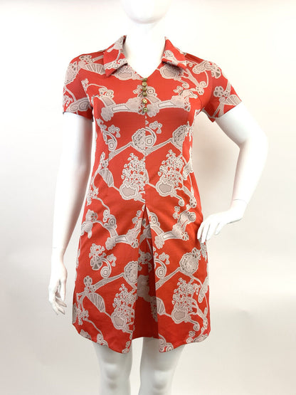 VINTAGE 60s 70s RED CREAM BROWN FLORAL ABSTRACT DAGGER COLLAR SHIRT DRESS 16