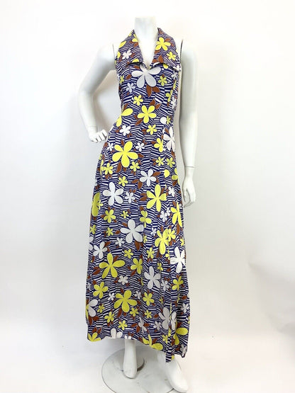 VTG 60s 70s BLUE WHITE YELLOW CHEVRON STRIPED FLORAL MOD HALTER MAXI DRESS 10