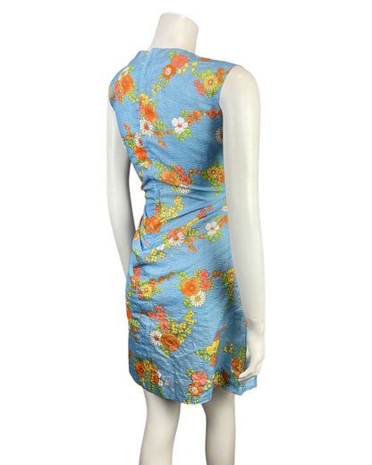 VINTAGE 60s 70s BLUE ORANGE WHITE FLOWER POPPY VINE LEAF SUMMER DRESS 8 10