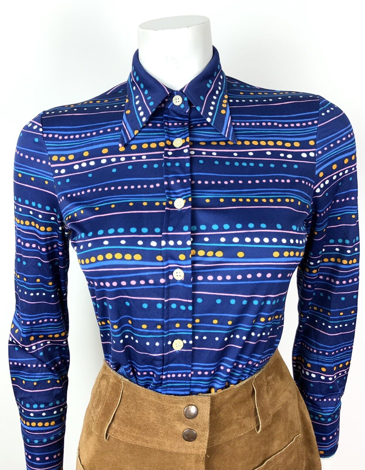 VTG 70s 90s BLUE PINK ORANGE WHITE STRIPED DOTTY PSYCHEDELIC DAGGER SHIRT 8 10