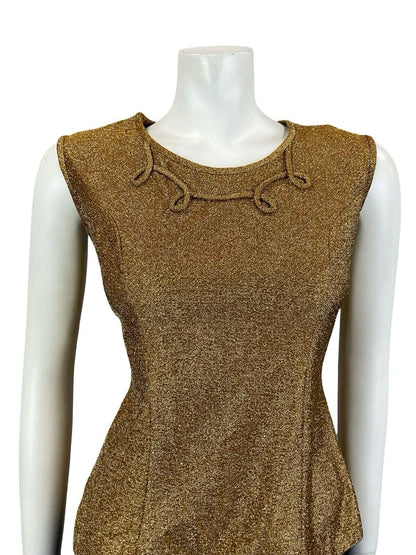 VTG 60S GOLD LUREX SWIRL PIPING ROUNDED NECK SLEEVELESS FITTED PARTY TOP 10