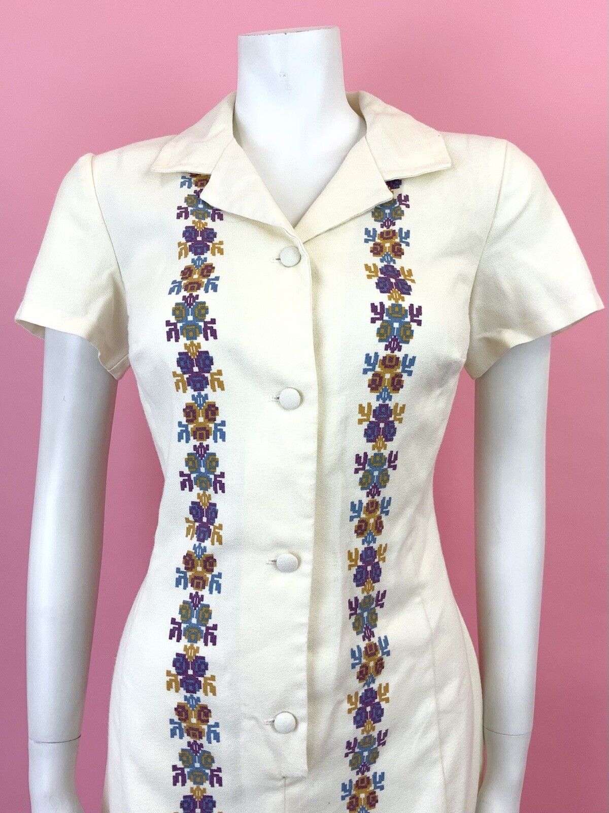 VINTAGE 60s 70s CREAM BLUE PURPLE PIXEL ROSE FLORAL REVERS SHIRT DRESS 12 14