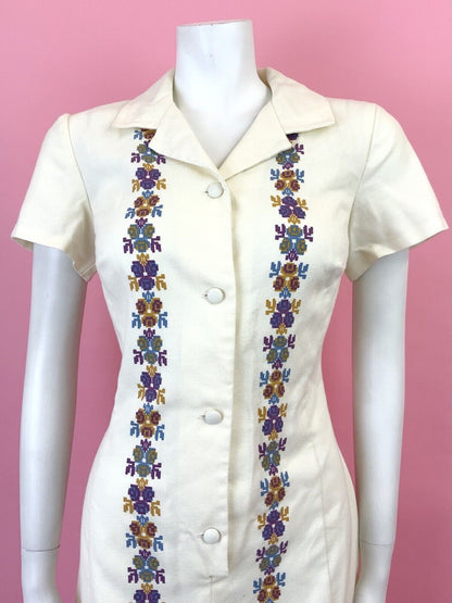 VINTAGE 60s 70s CREAM BLUE PURPLE PIXEL ROSE FLORAL REVERS SHIRT DRESS 12 14