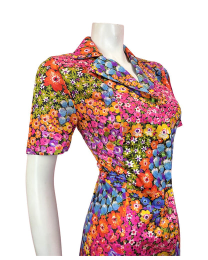 VINTAGE 60s 70s PINK BLUE ORANGE PSYCHEDELIC FLORAL SWIRL SHIRT DRESS 12 14